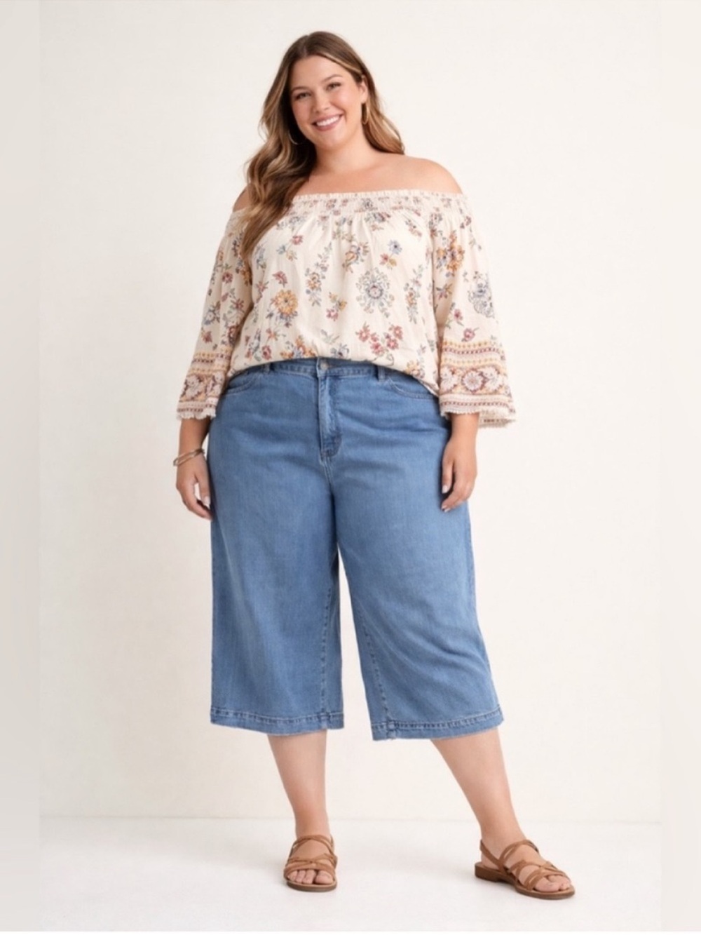 Ava & Viv Plus Size 16 Wide Leg Stretch Blue Denim Culotte Jeans NWT